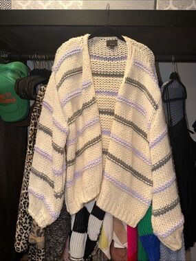Lumiere Cream Open-Front Cardigan with Gray and Lavender Stripes
